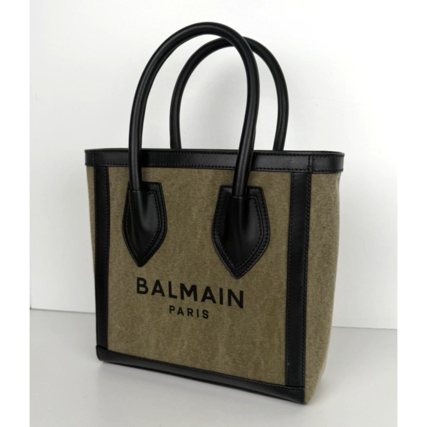Balmain B-Army Logo Canvas 24 Shopper Tote Bag in Khaki & Black S17