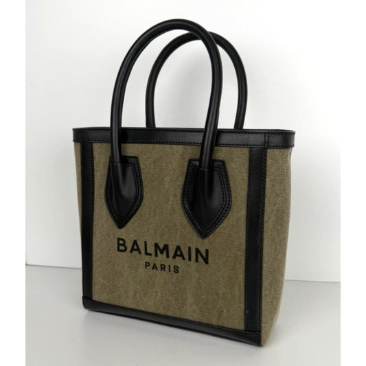 Balmain B-Army Logo Canvas 24 Shopper Tote Bag in Khaki & Black S17