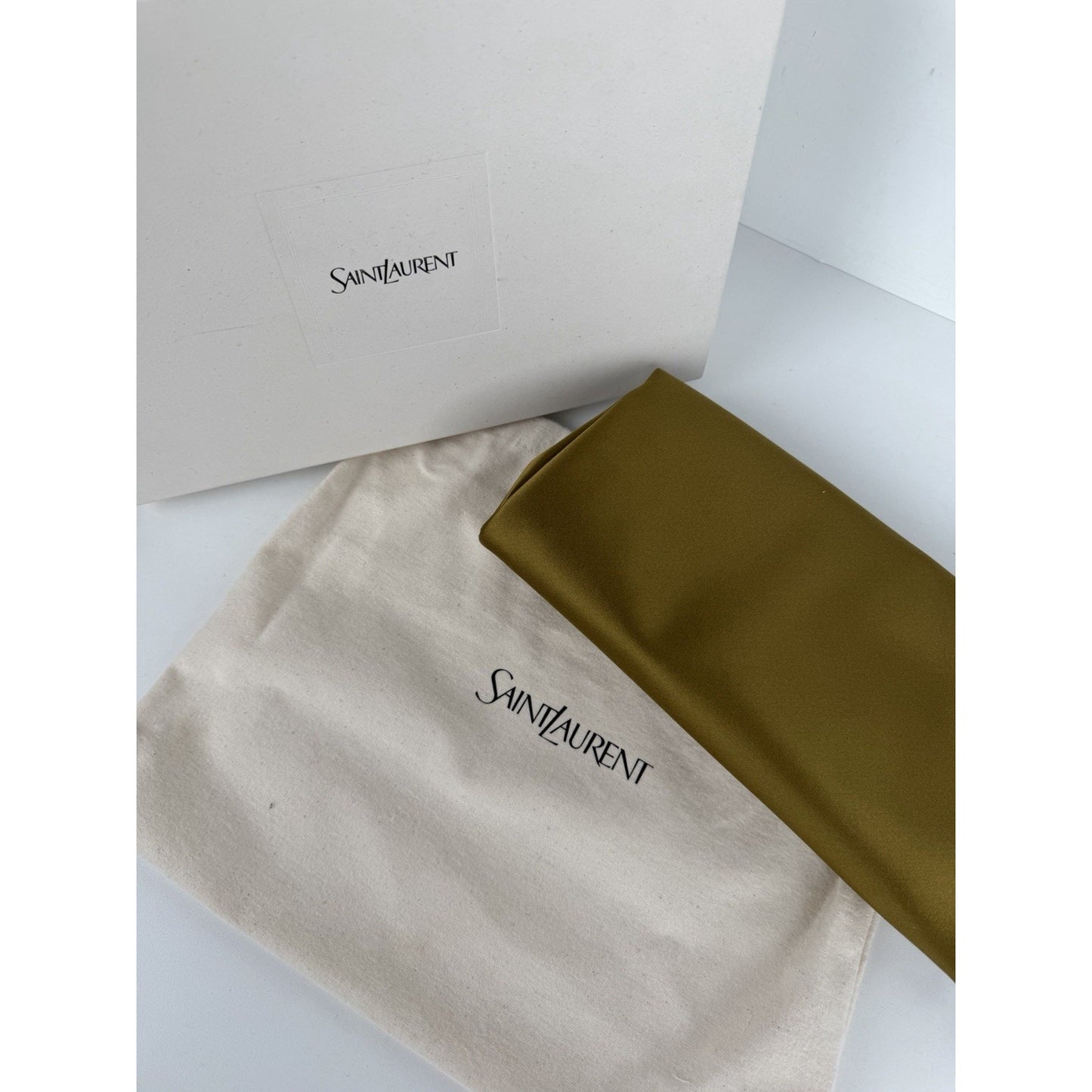 Saint Laurent Evening Soft Clutch Bag in Mustard Green Satin S-05