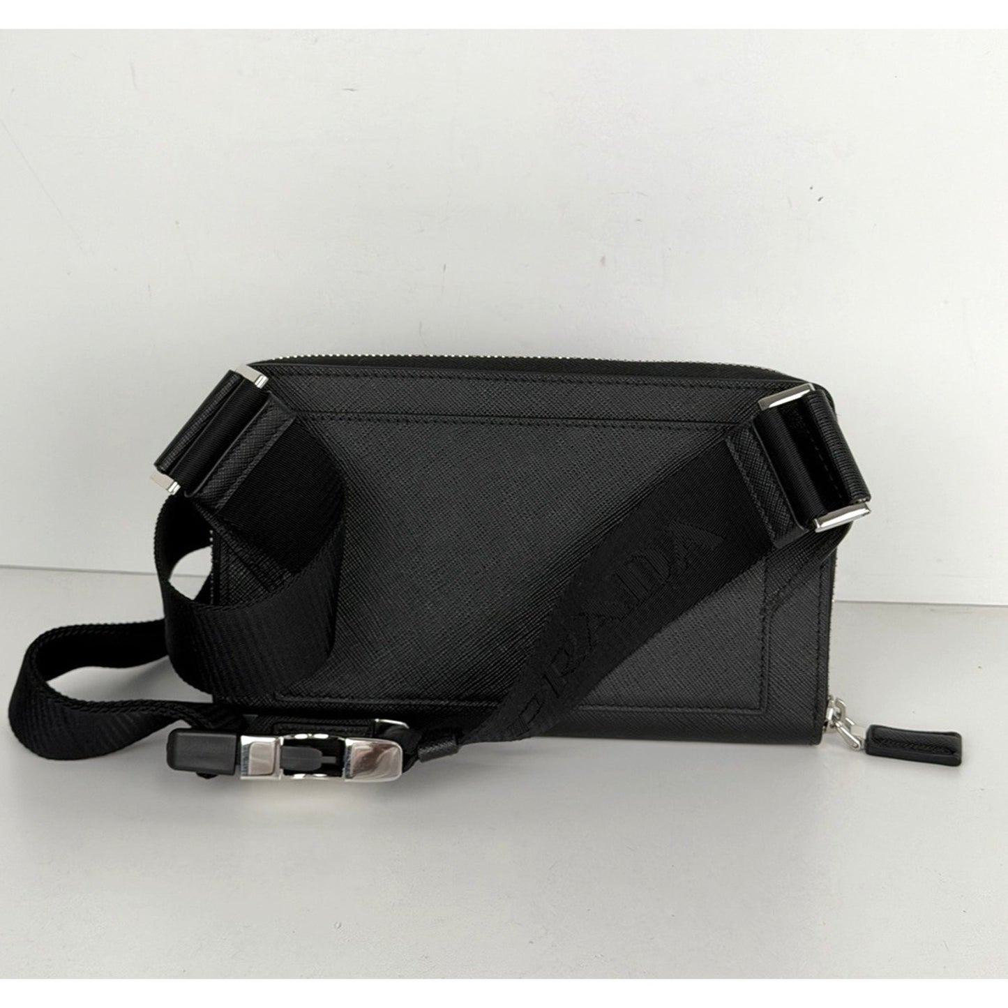 Prada Enameled Metal Triangle Logo Belt Bag in Black Saffiano Leather B-5