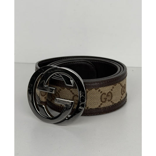Gucci Interlocking G Belt Beige&Ebony GG Canvas & Dark Brown Leather Trim K1