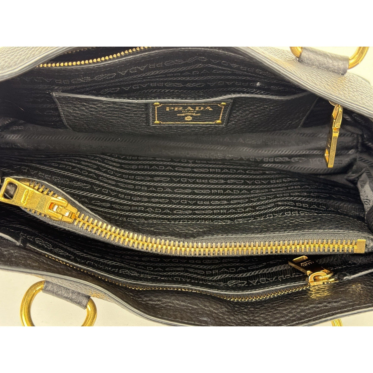 Prada Vitello Daino Medium Top Handle Bag in Black Leather Gold-Tone Hardware E6