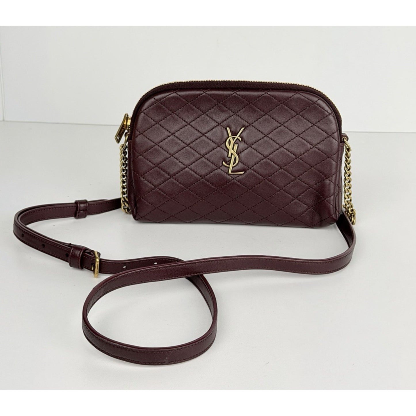 Saint Laurent Gaby Mini Bag Diamond-Quilted Leather Crossbody in Burgundy S07