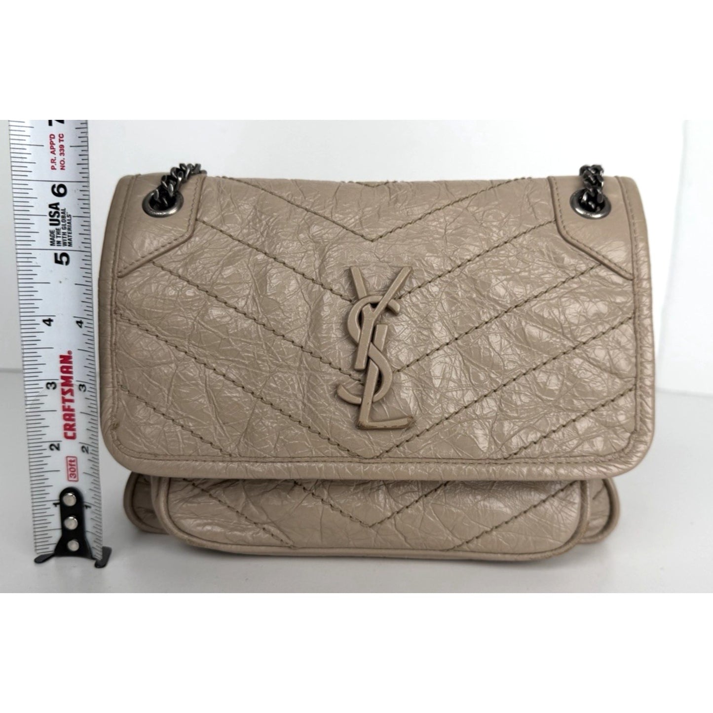 Saint Laurent Signature Niki Bag Small Light Taupe Crinkled Calfskin Leather S09