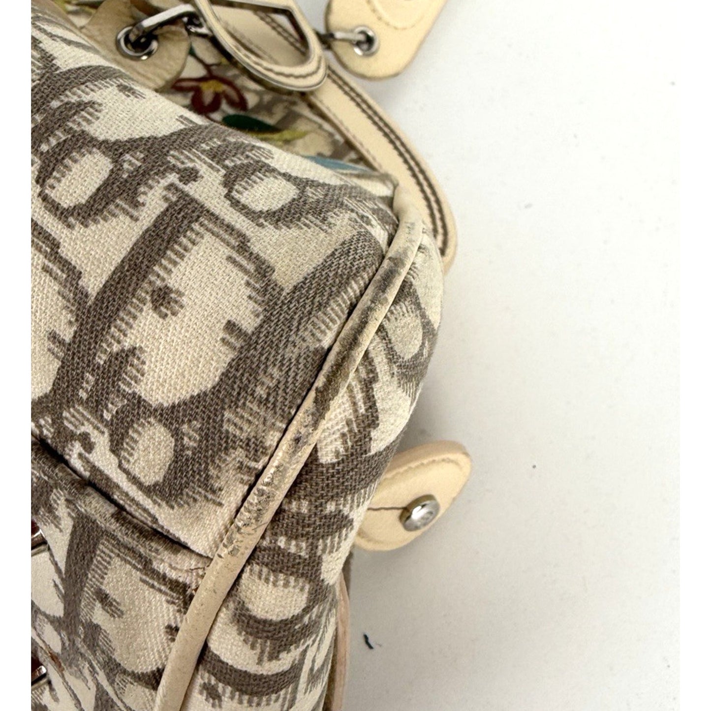 Christian Dior Trotter Bowling Bag Beige Diorissimo Canvas Floral Embroidered S7