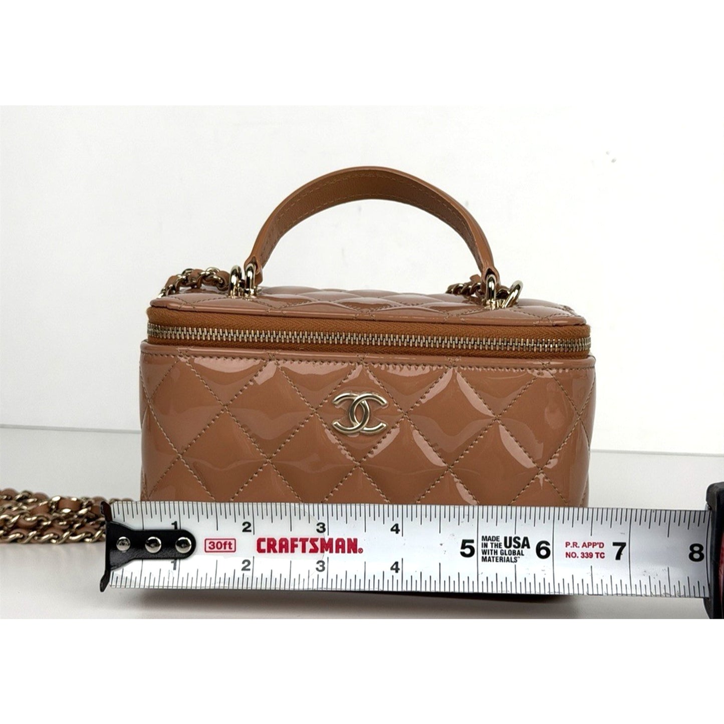 Chanel Vanity Case Small Top Handle Bag in Glossy Beige With Chain NFC B1