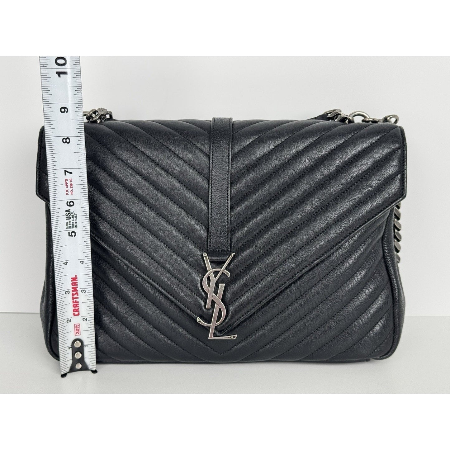 Saint Laurent Large College Satchel Black Chevron Leather Silver Hardware C5