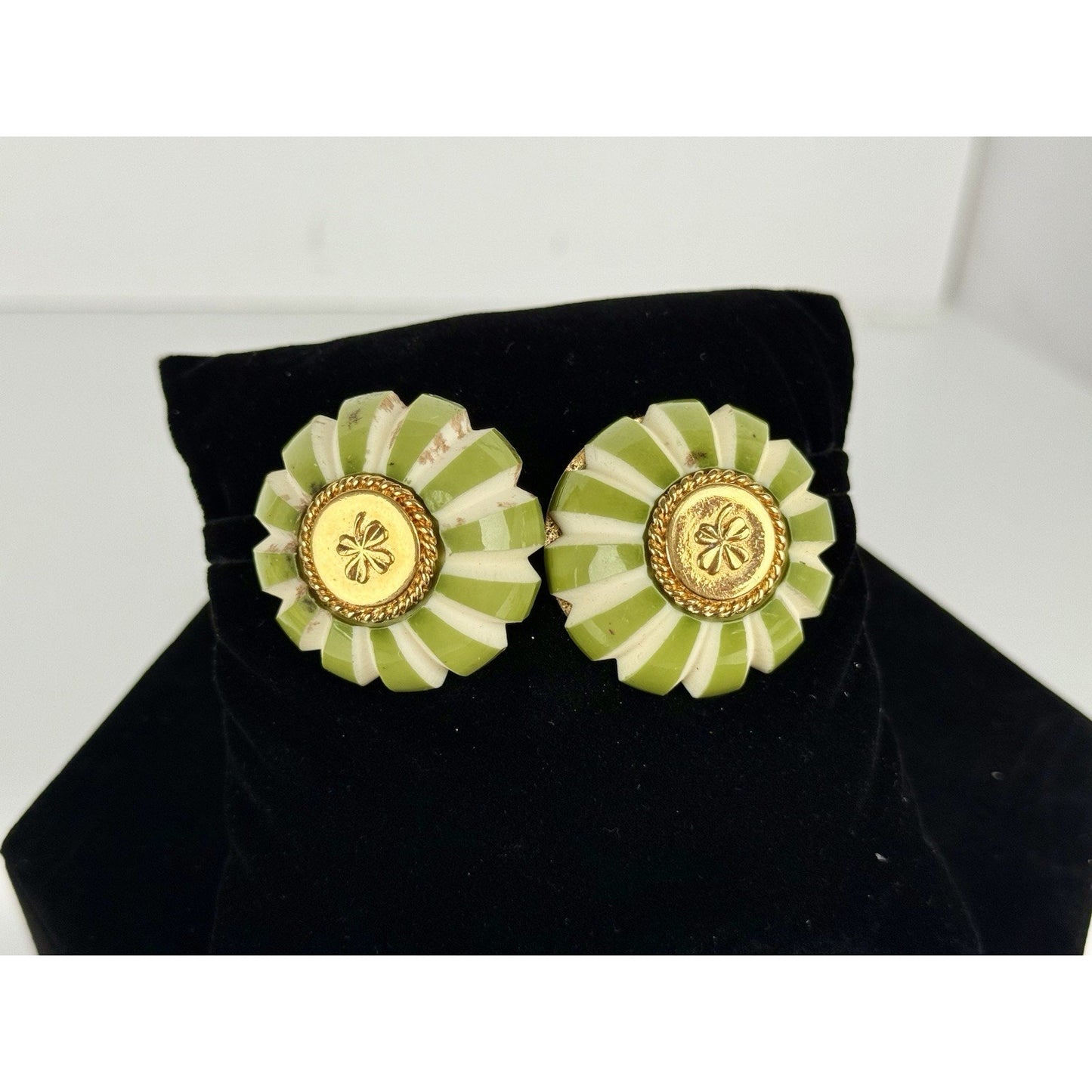 Chanel Vintage Gold Tone Clover Green Enamel Clip On Earrings