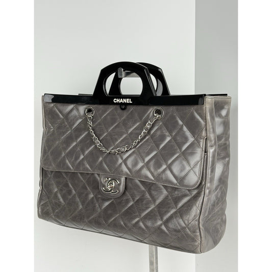 CHANEL Glazed Calfskin Quilted Large Delivery Tote Grey B-5
