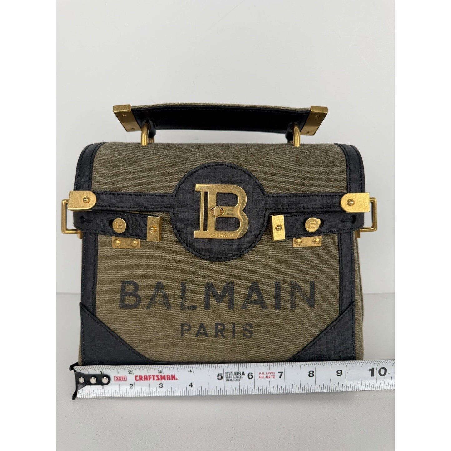Balmain B-Buzz 23 Bag in Khaki Canvas & Black Leather with Gold-Tone Hardware S4