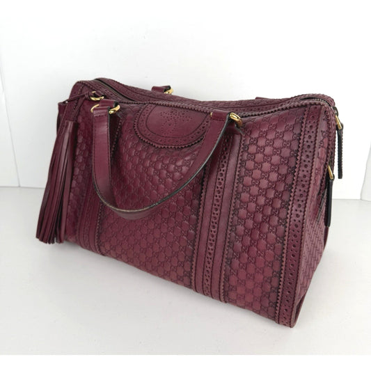 Gucci Duilio Brogue Boston Bag in Burgundy Microguccissima Embossed Leather S-16