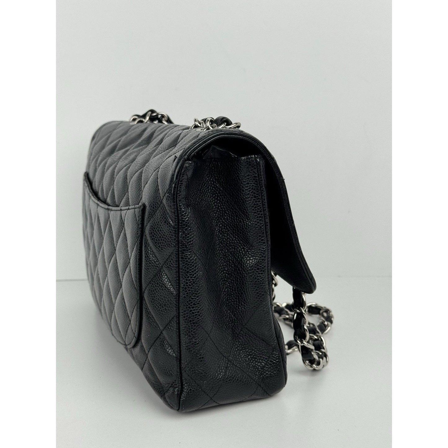 Chanel Jumbo Classic Single Flap Bag in Black Caviar Leather w Silver Hardware