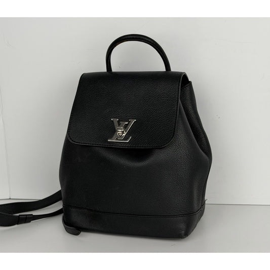 Louis Vuitton Lockme Backpack Black Grained Calfskin Leather Silver-Tone Lock S