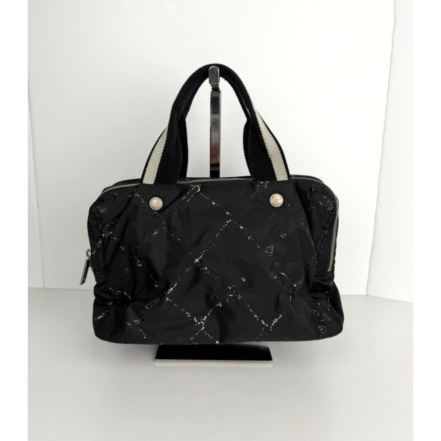 Chanel Travel Ligne Boston Vintage Duffle Bag in Black Printed Nylon 2000-2002 S