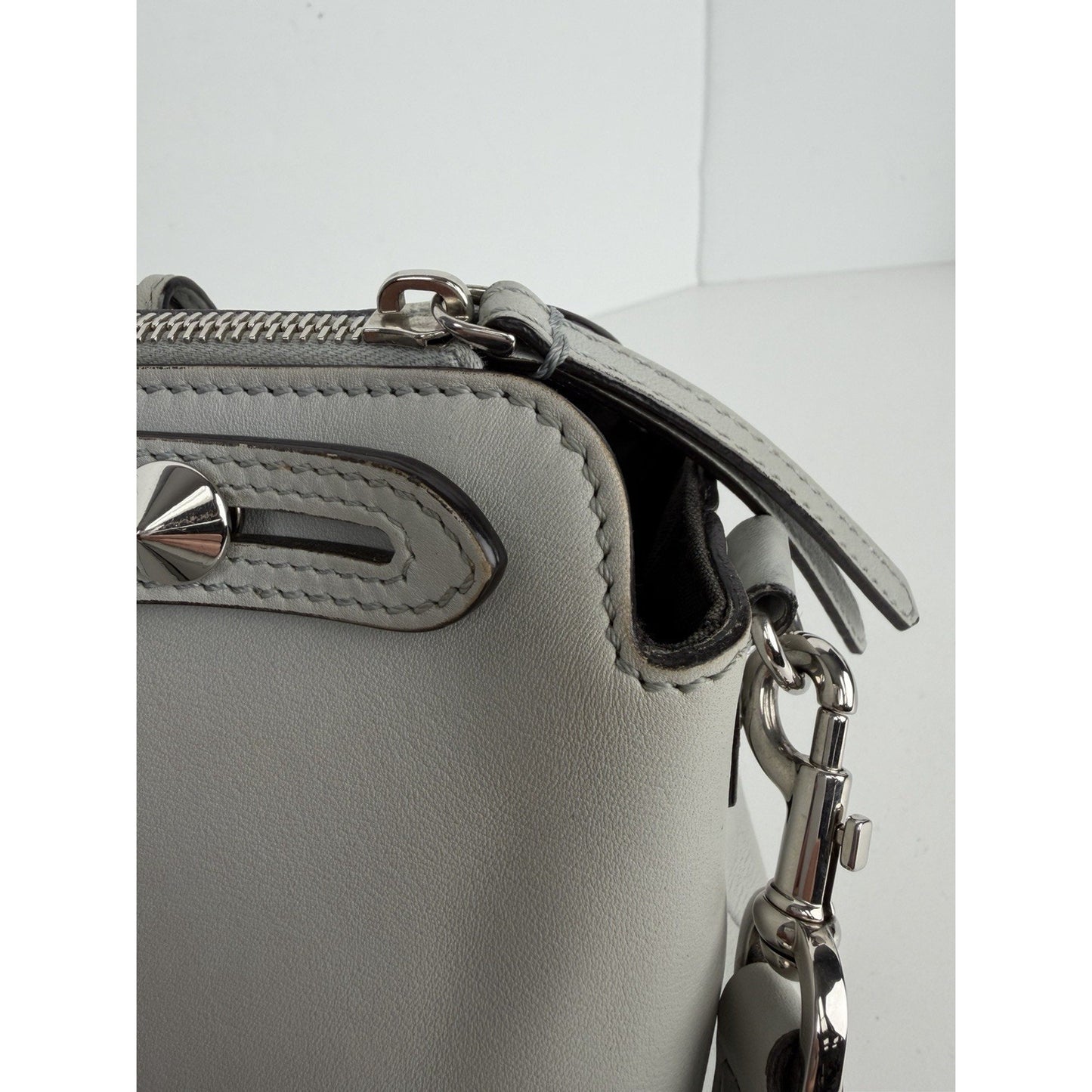 Fendi By The Way Medium Satchel Bag in Gray Leather with Studded Details S01