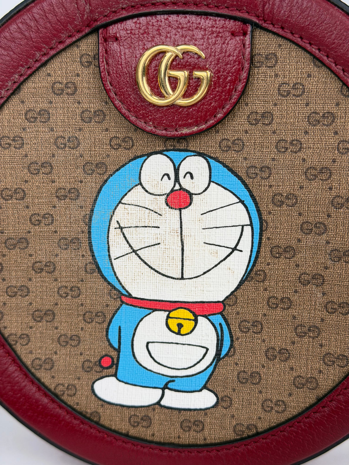 Gucci X Doraemon Mini Round Shoulder Bag in Brown Canvas & Red Leather YS23