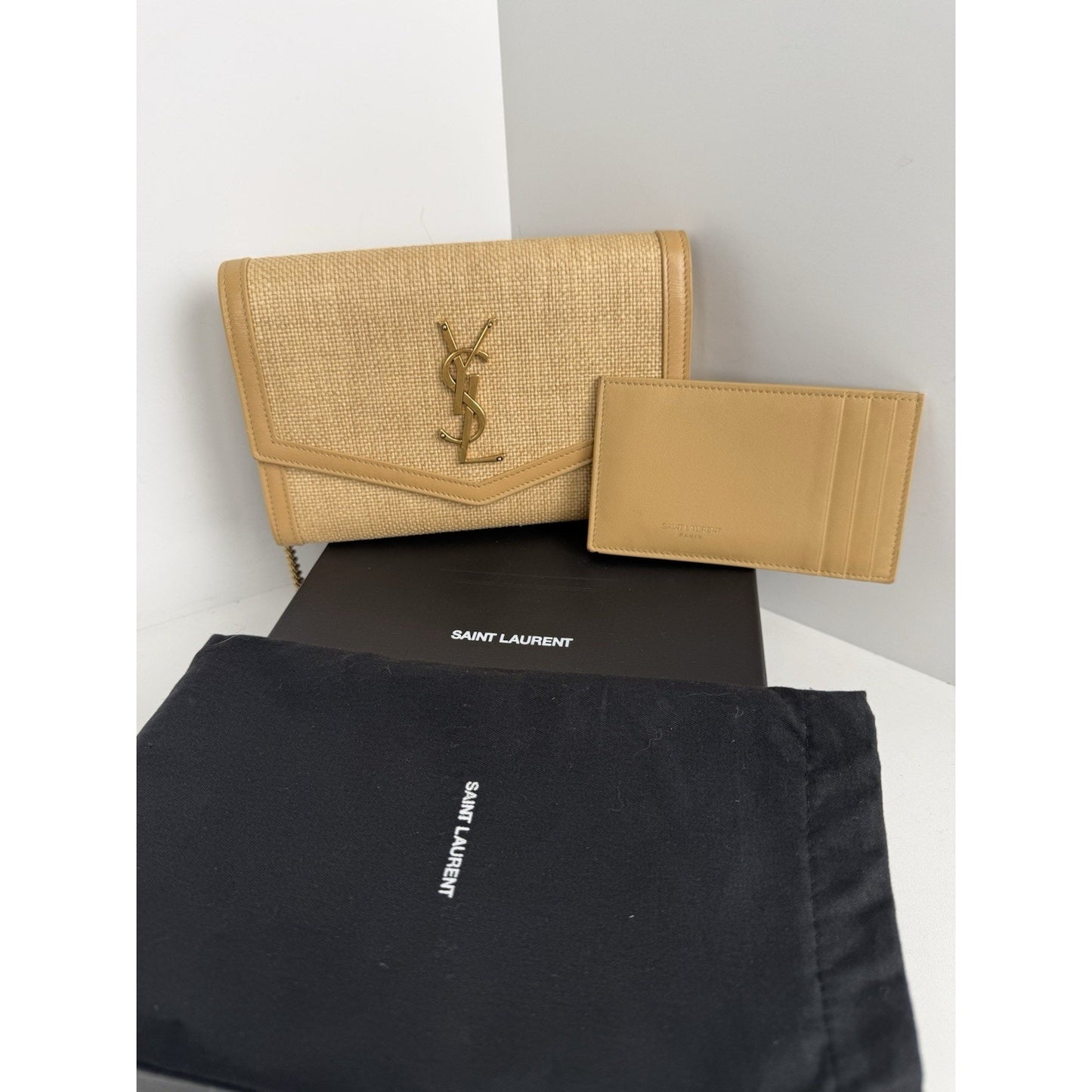Saint Laurent Micro Raffia Monogram Uptown Chain Wallet – Natural Hay Blush