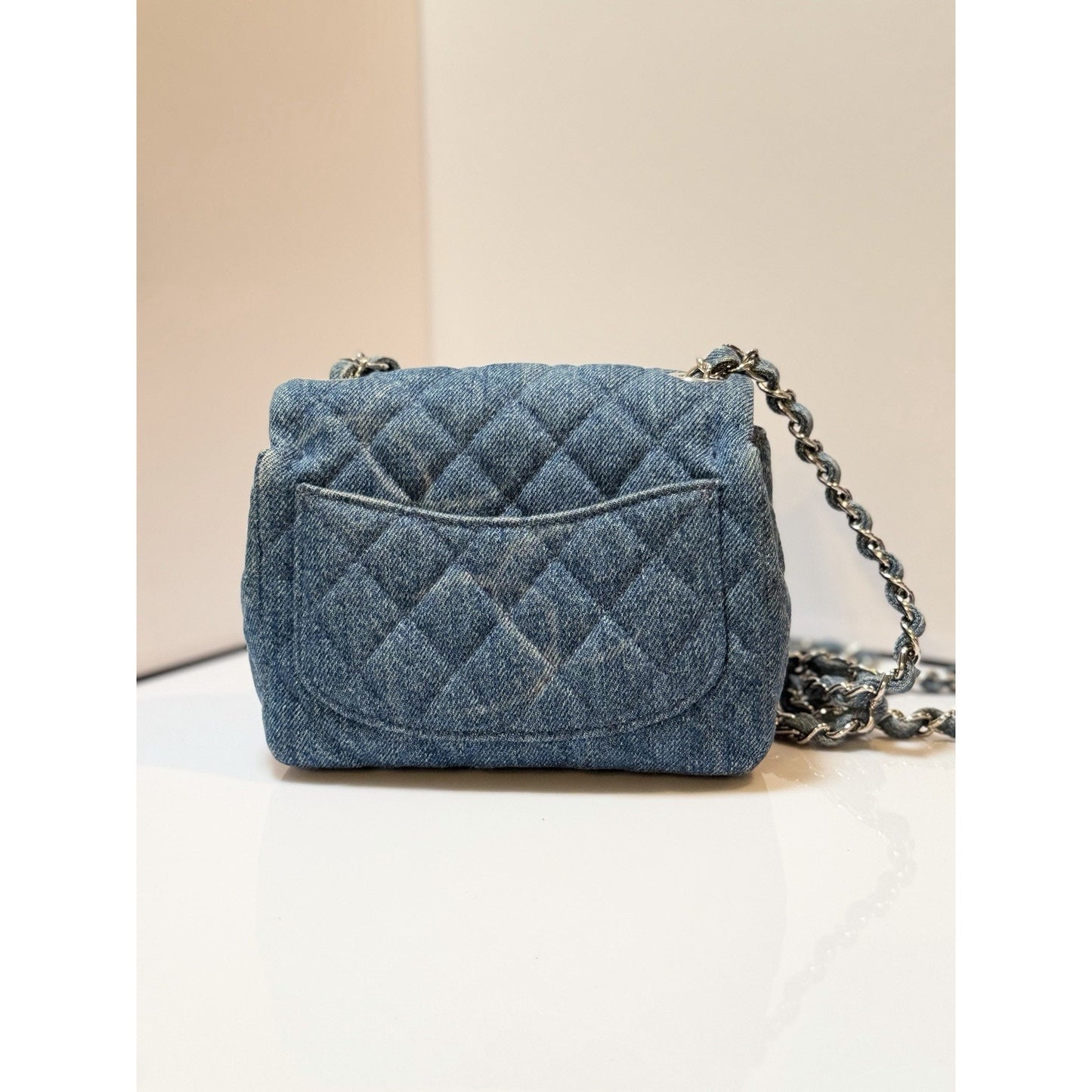 Chanel Square Classic Single Flap Bag Quilted CC Printed Denim Mini