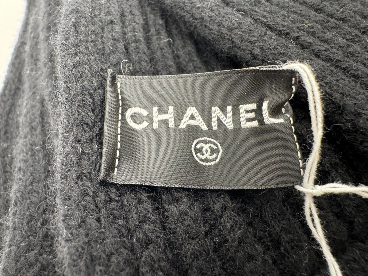 Chanel Knit Scarf in Black Cashmere with Sequin Logo Y