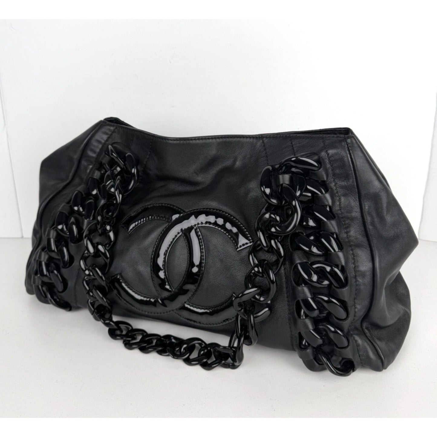 Chanel Modern East West Tote Bag Black Leather Rhodoid Chain 2006-2008 D-8