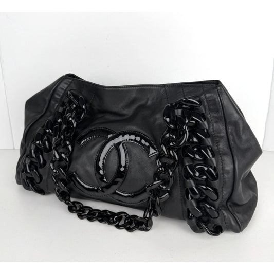 Chanel Modern East West Tote Bag Black Leather Rhodoid Chain 2006-2008 D-8