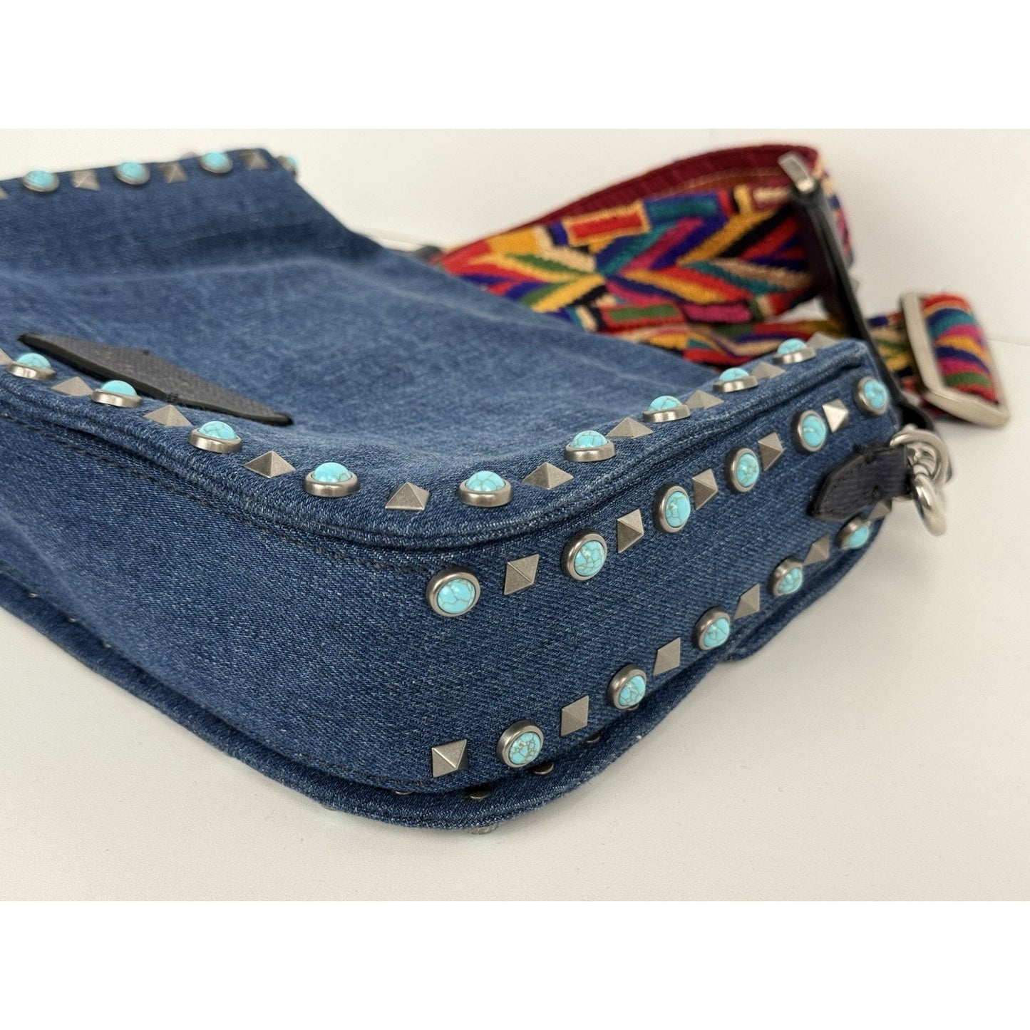 Valentino Rolling Rockstud Denim and Leather Shoulder Bag with Multicolor Strap