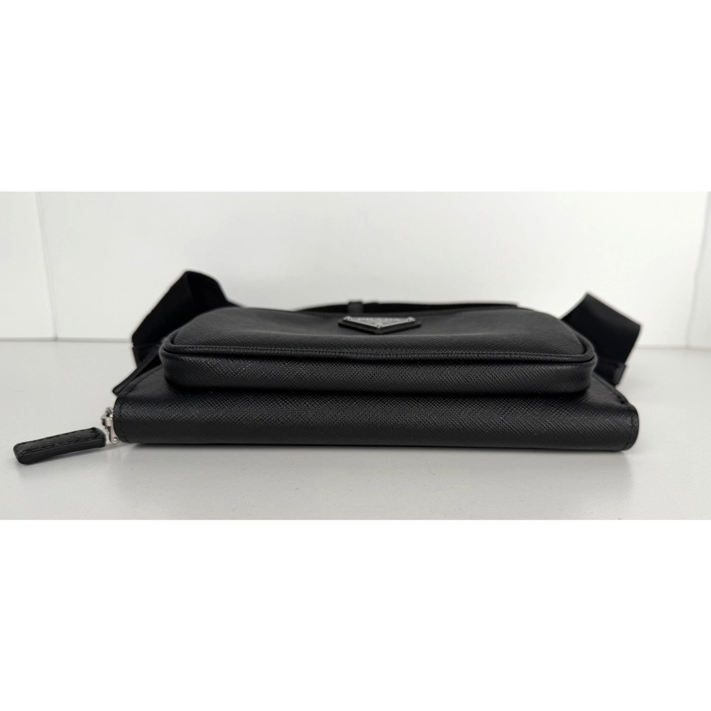 Prada Enameled Metal Triangle Logo Belt Bag in Black Saffiano Leather B-5