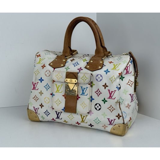 LOUIS VUITTON Speedy 30 Handbag White & Multicolor Monogram Canvas