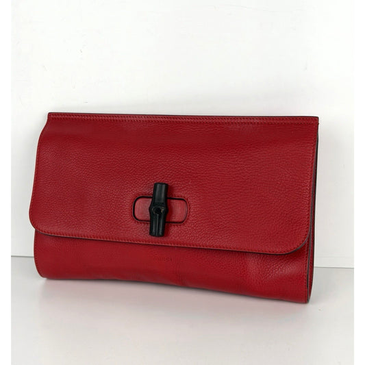 Gucci Bamboo Daily Clutch Red Leather & Black Bamboo Turn-Lock Closure S