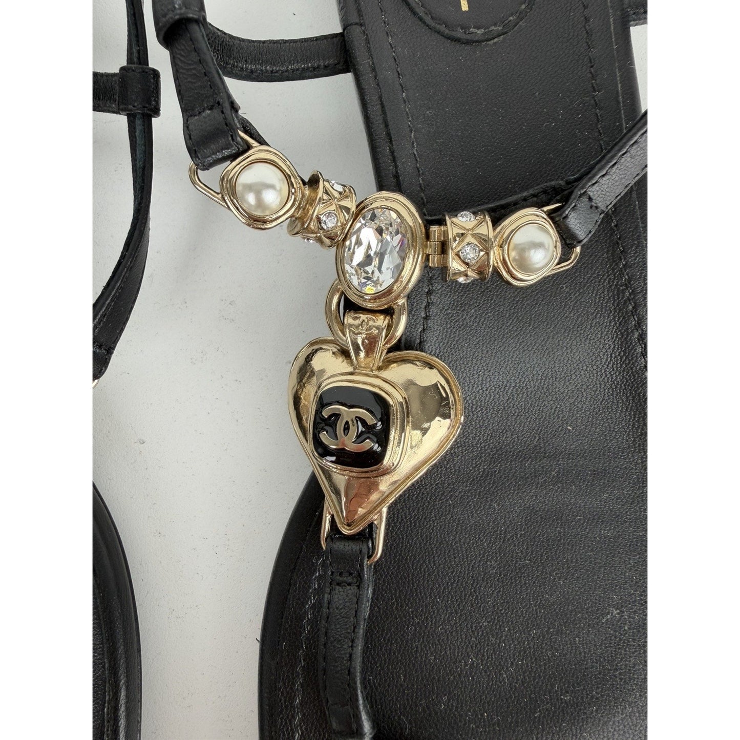 Chanel Metal Heart Thong Sandals Black Lambskin with Crystal Accents US Size 7.5