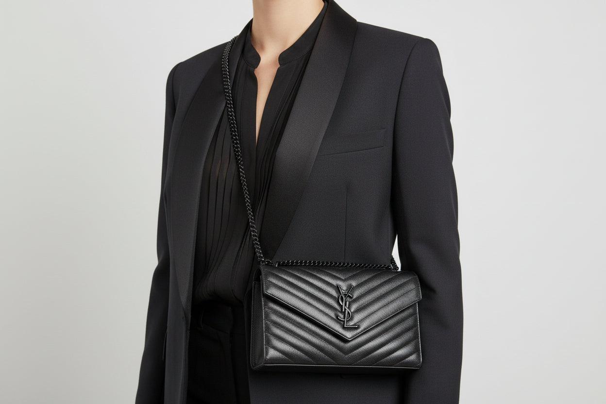 Saint Laurent Monogram Chain Wallet Medium in Black Matelasse Grained LeatherS12