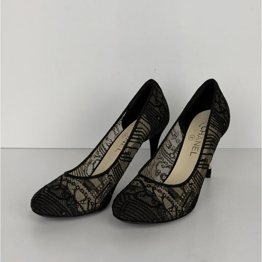 Chanel Black Lace and Mesh Pumps with Suede Heels Size 40