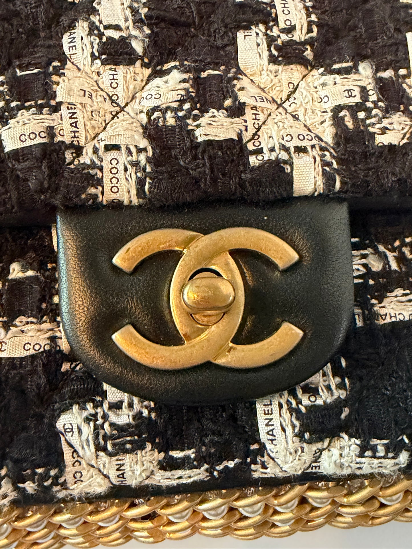 CHANEL Black/White Quilted Tweed River Of Pearls Mini Flap Bag