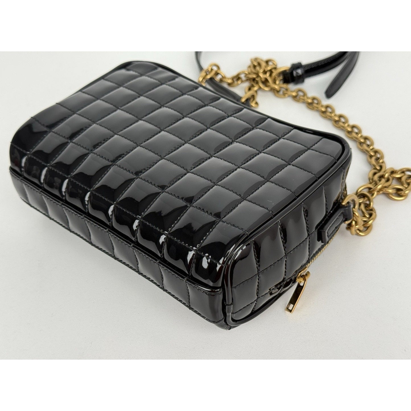 Saint Laurent Patent Calfskin Carré Quilted Cassandre Mini Camera Bag Black