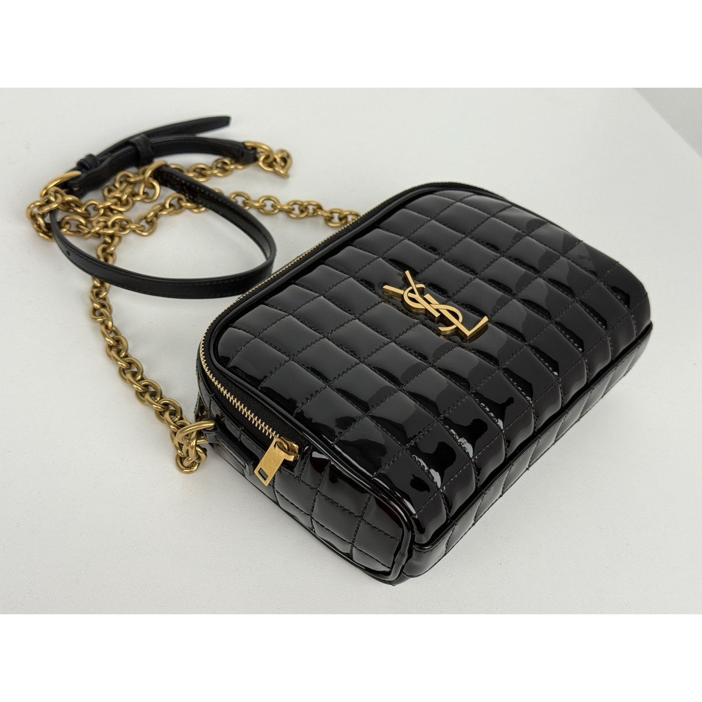 Saint Laurent Patent Calfskin Carré Quilted Cassandre Mini Camera Bag Black