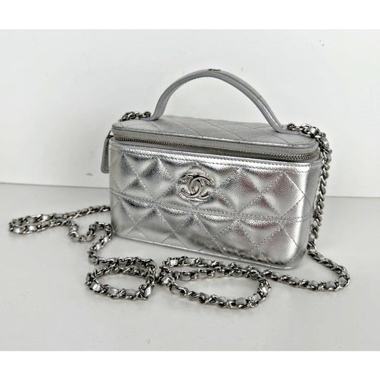 Chanel Slim Top Handle Vanity Case Bag in Metallic Silver Caviar Leather NFC B-5