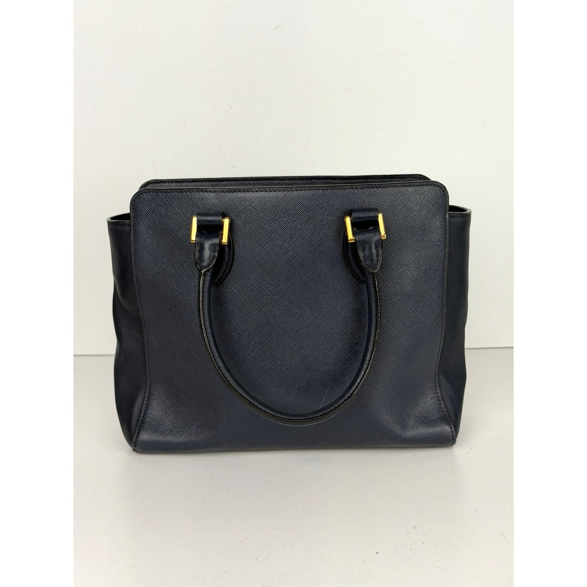 Prada Saffiano Small Top Handle Tote Bag in Blue Leather Gold-Tone Hardware S-05