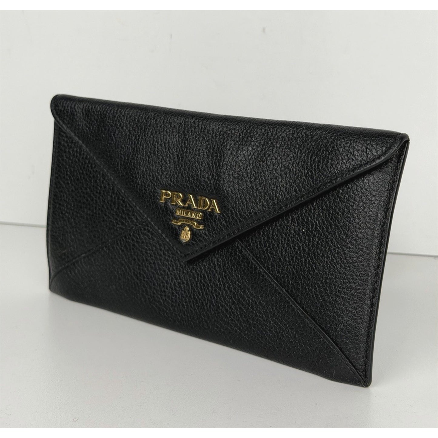 Prada Vitello Grain Envelope Wallet in Black Leather and Gold-Tone Hardware