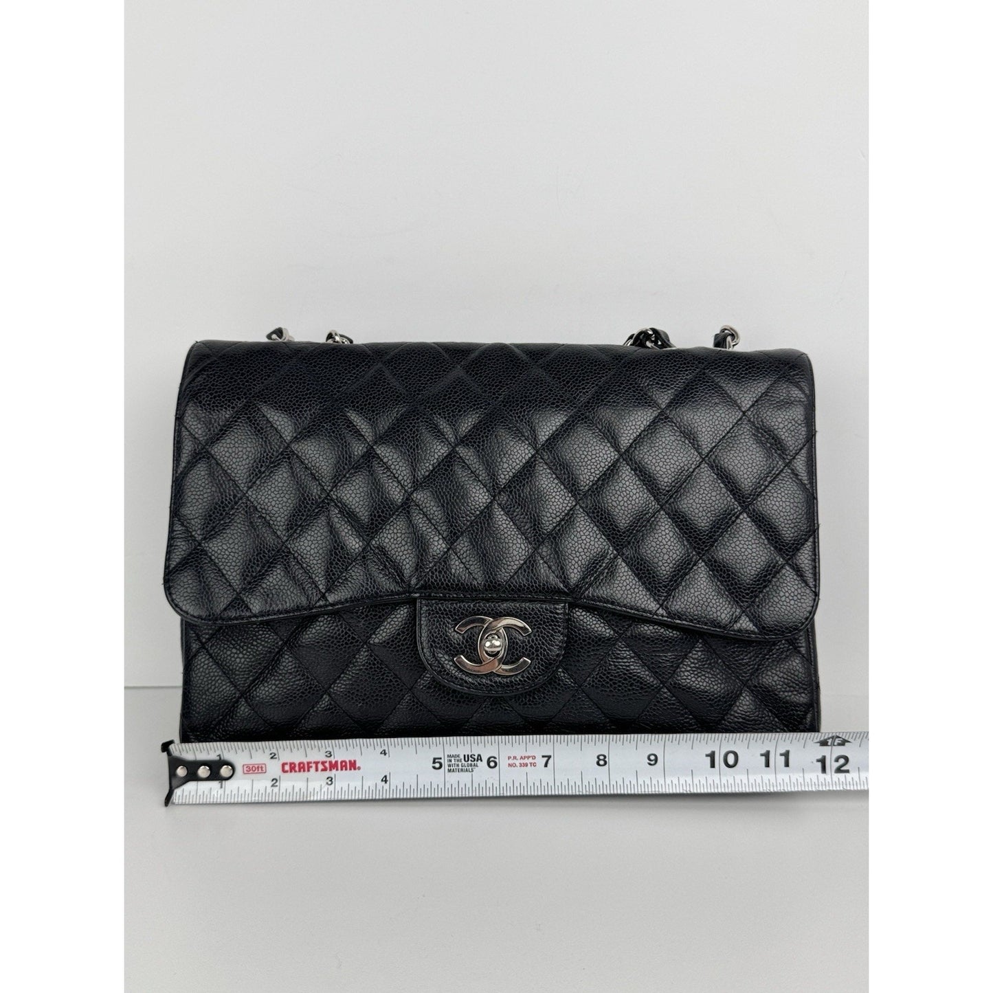 Chanel Jumbo Classic Single Flap Bag in Black Caviar Leather w Silver Hardware