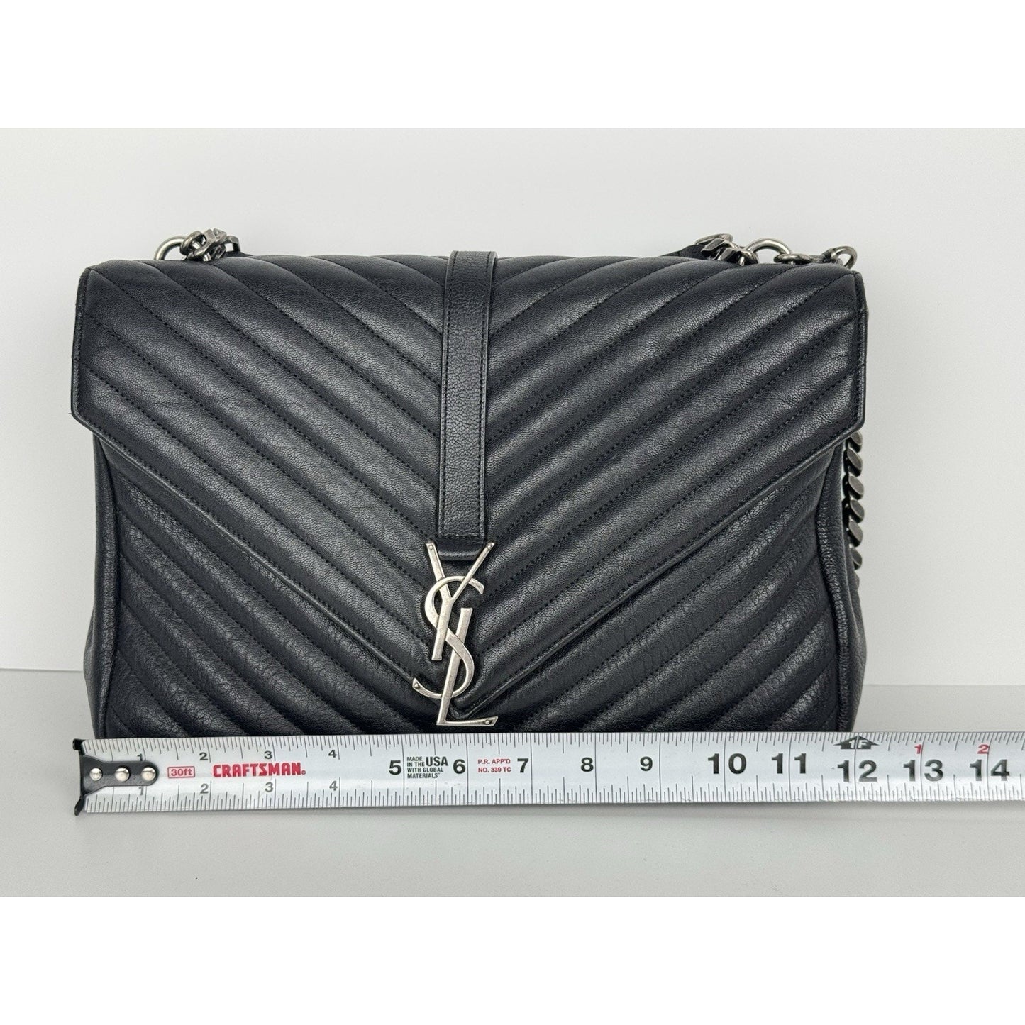 Saint Laurent Large College Satchel Black Chevron Leather Silver Hardware C5