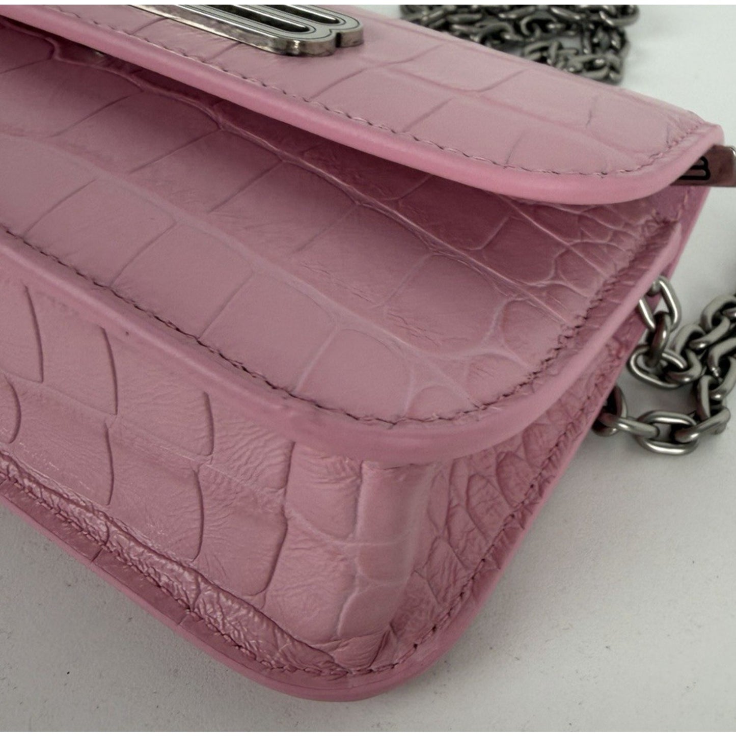 Balenciaga Gossip Wallet on Chain Bag Pink Crocodile Calfskin Silver HW S01