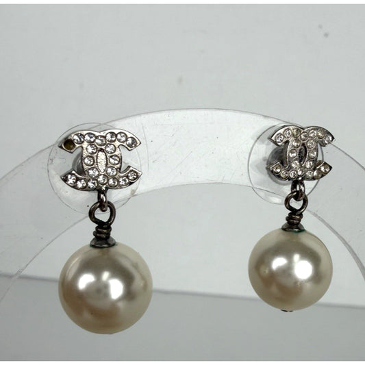 Chanel Faux Pearl & Strass CC Drop Earrings K-3