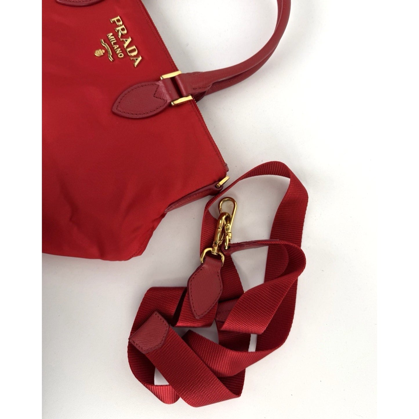 Prada Tessuto Nylon Medium Tote Bag in Red with Saffiano Leather Trim S11