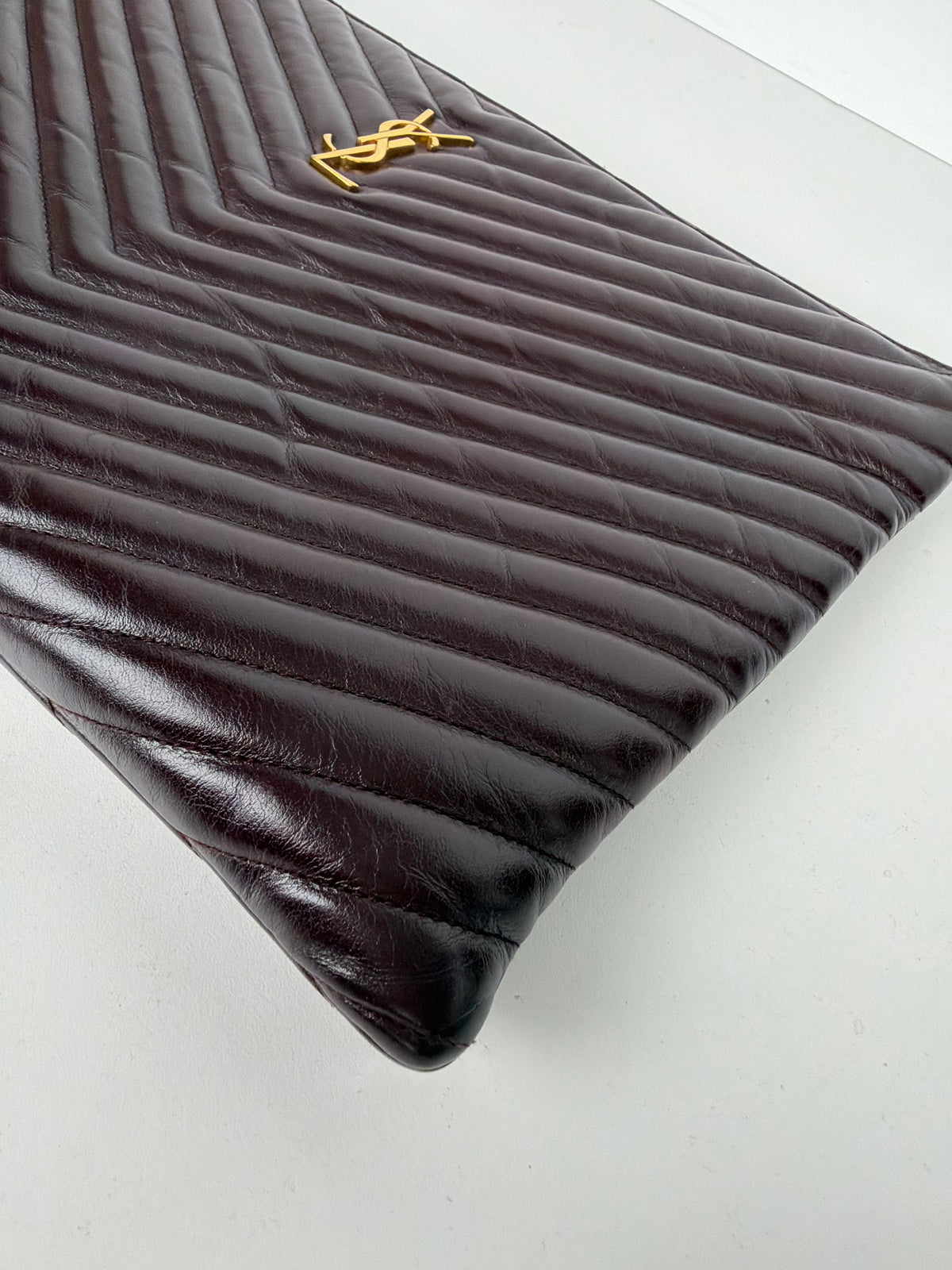 Saint Laurent Cassandre Matelasse Large Pouch in Burgundy Chevron-Quilted Leather