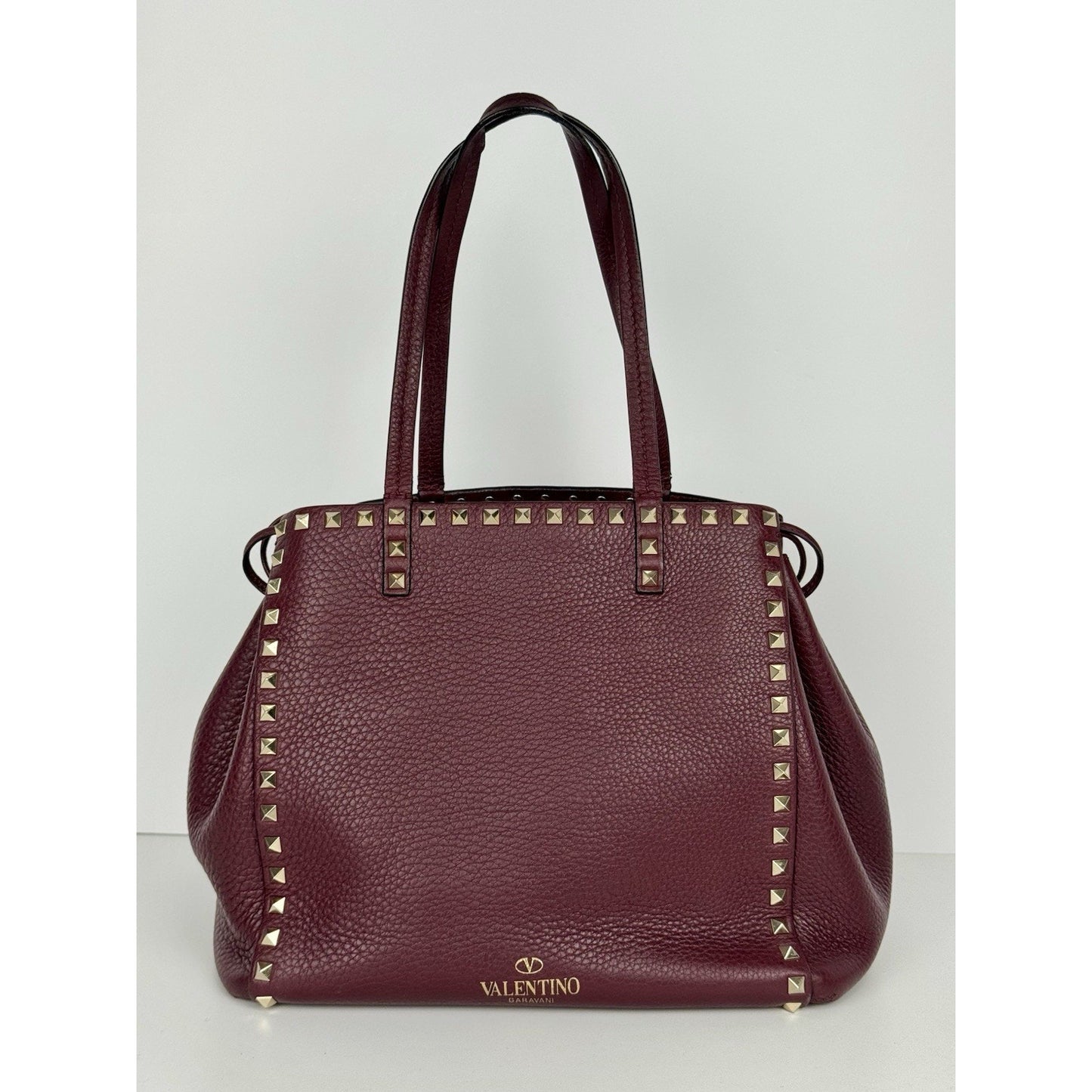 Valentino Garavani Rockstud Tote Bag Burgundy Leather Gold Hardware