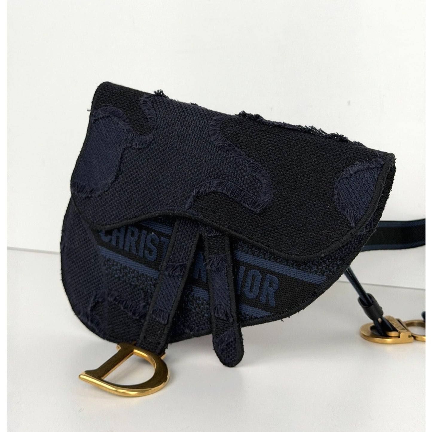 Christian Dior Saddle Belt Bag Mini Canvas Embroidered Camouflage in Blue S07