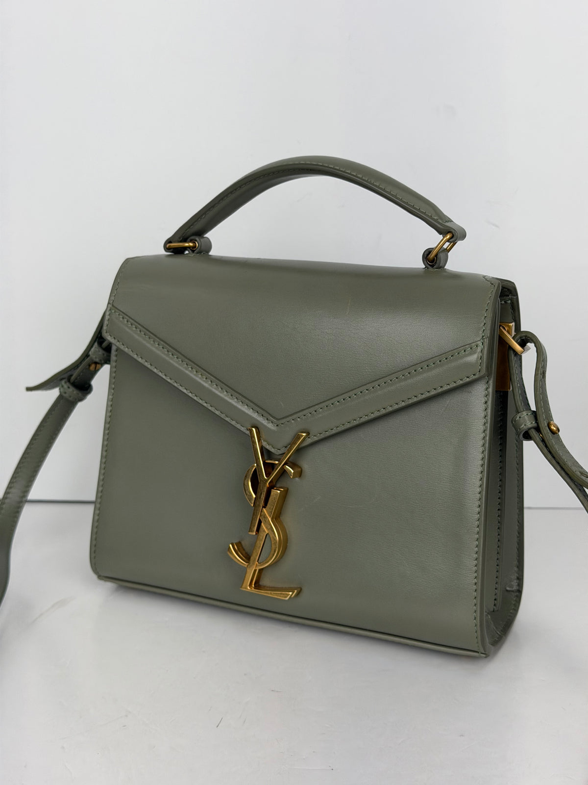 Saint Laurent Cassandra Mini Top Handle Bag in Sage Green Leather YS04