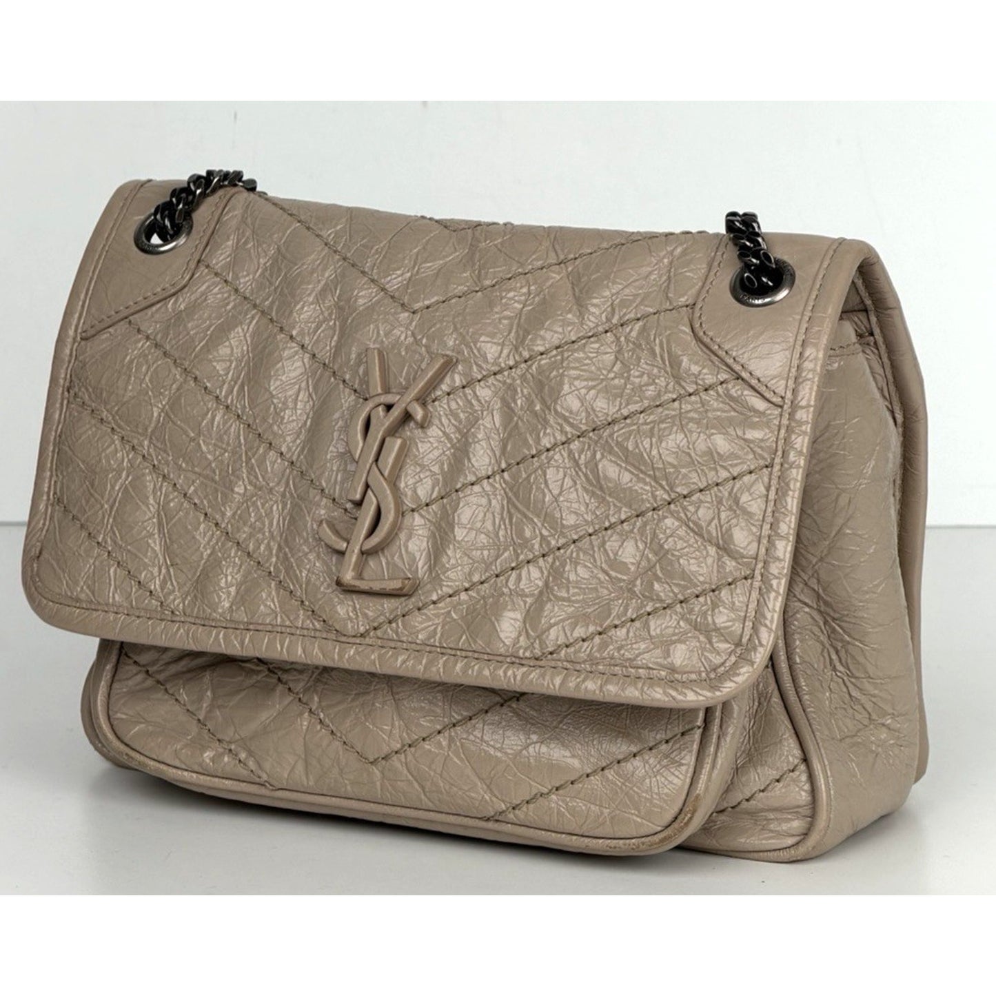 Saint Laurent Signature Niki Bag Small Light Taupe Crinkled Calfskin Leather S09