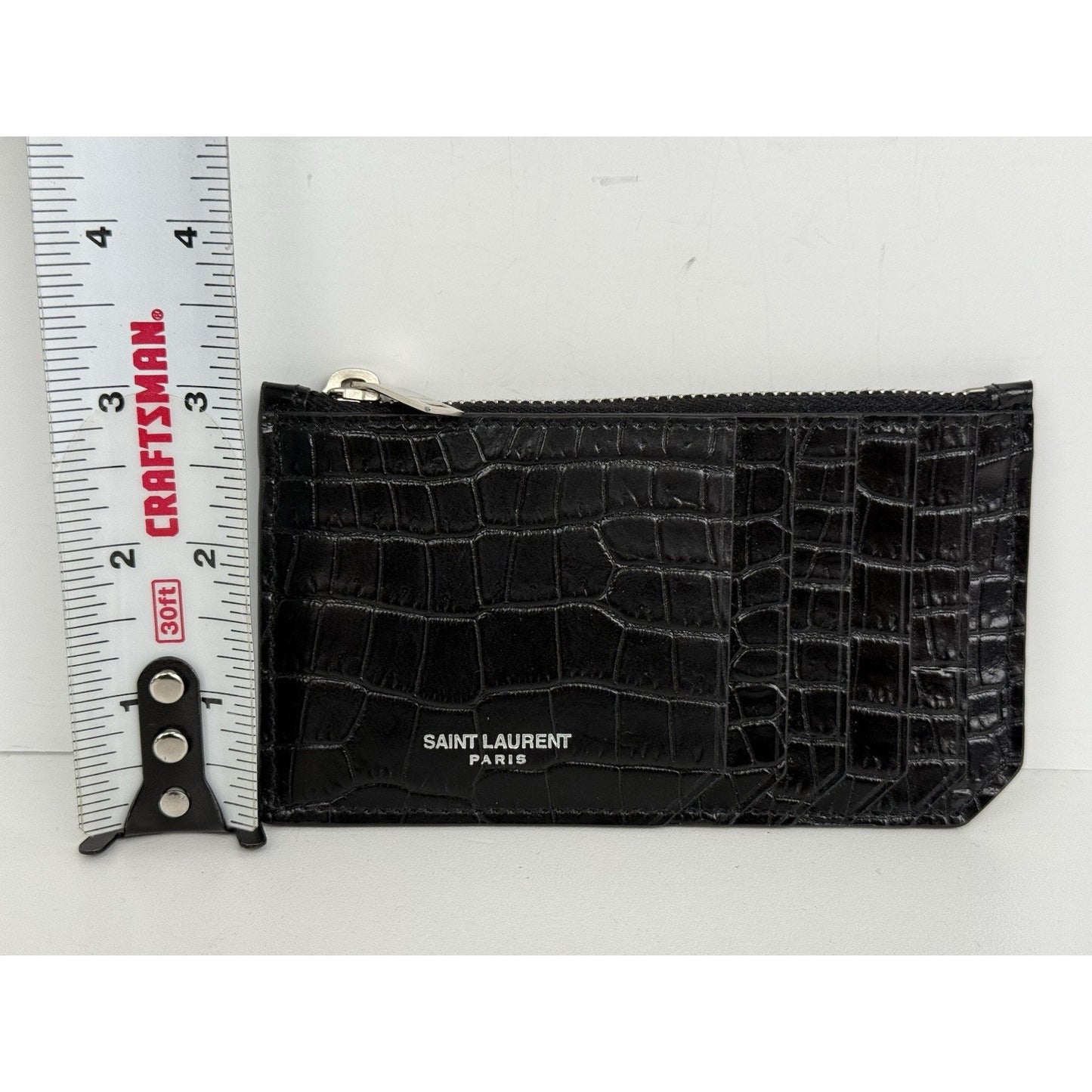 Saint Laurent Calfskin Crocodile Embossed 5 Fragments Zip Card Holder