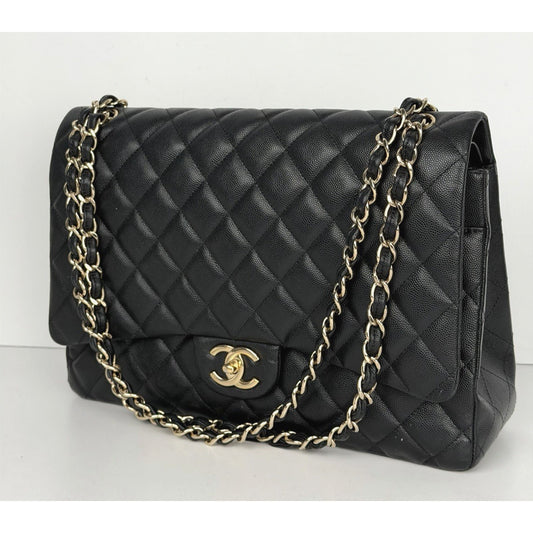 Chanel Classic Maxi Double Flap Bag in Black Caviar Quilted Leather NFC E4